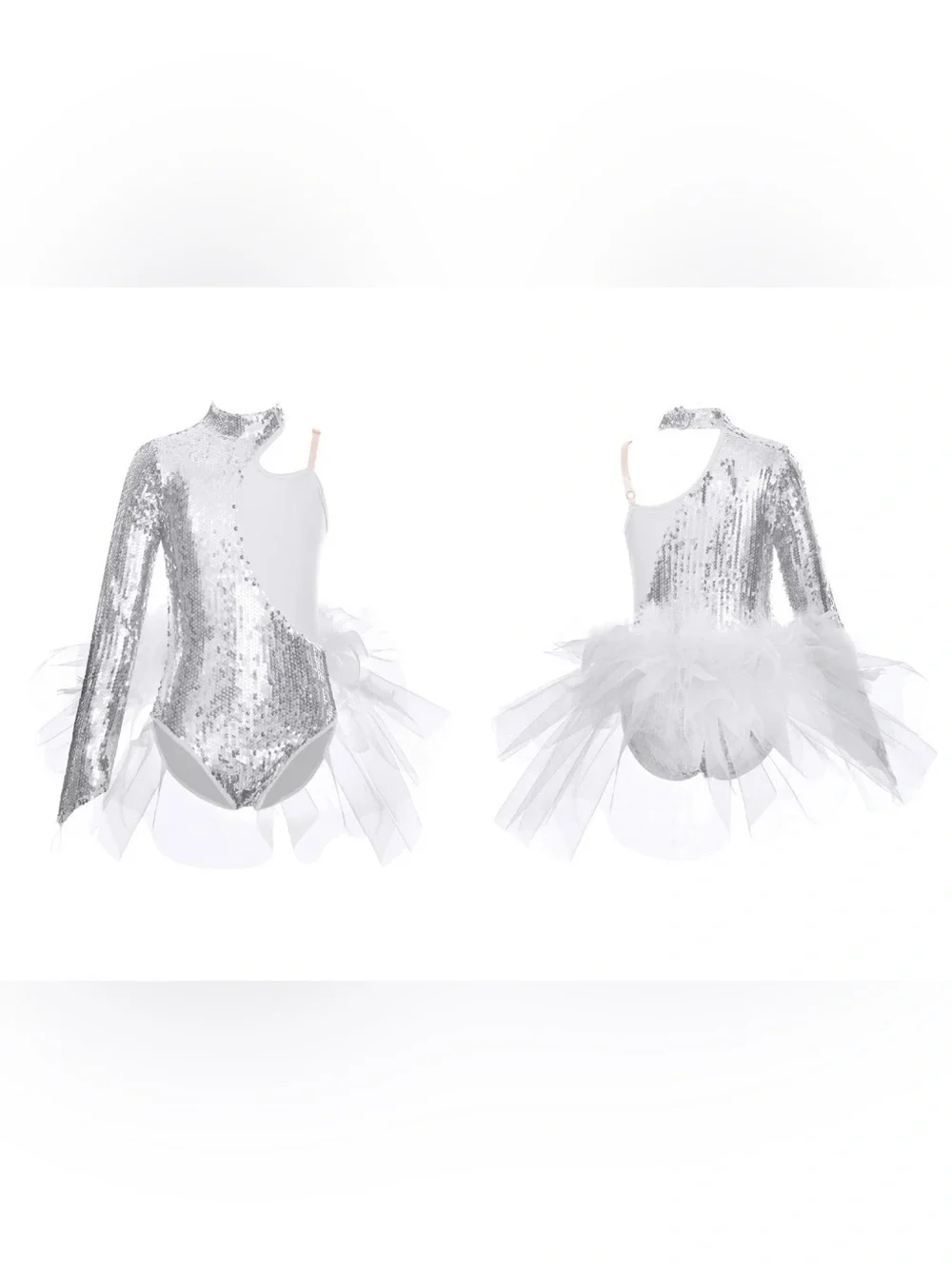 Chic Try Girls One-Shoulder Sequin White Tulle Feathers Dance Leotard Bodysuit 6